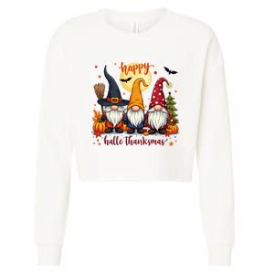 Happy Hallothanksmas Gnome Halloween Thanksgiving Christmas Cropped Pullover Crew