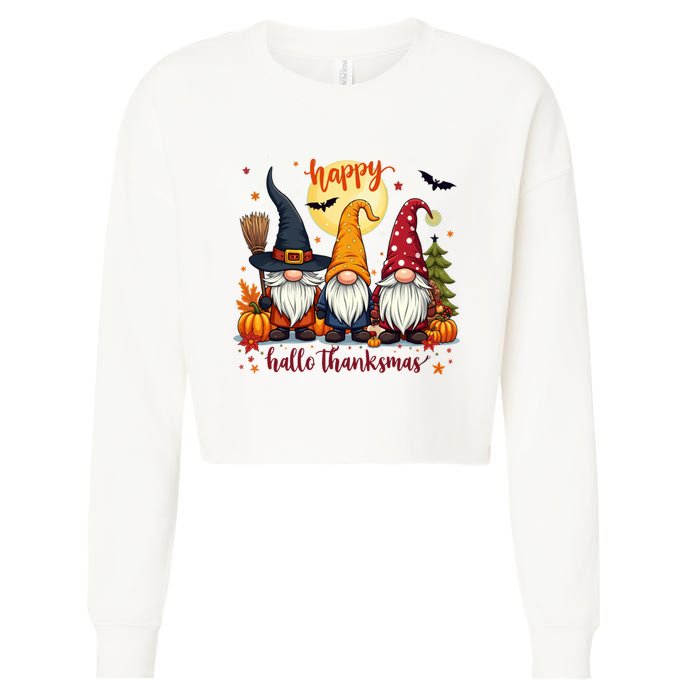 Happy Hallothanksmas Gnome Halloween Thanksgiving Christmas Cropped Pullover Crew