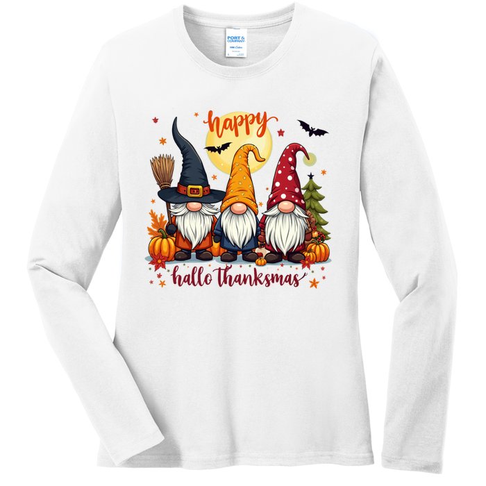 Happy Hallothanksmas Gnome Halloween Thanksgiving Christmas Ladies Long Sleeve Shirt