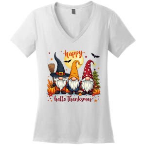 Happy Hallothanksmas Gnome Halloween Thanksgiving Christmas Women's V-Neck T-Shirt