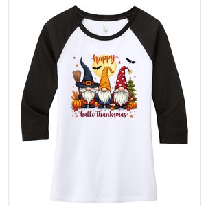 Happy Hallothanksmas Gnome Halloween Thanksgiving Christmas Women's Tri-Blend 3/4-Sleeve Raglan Shirt