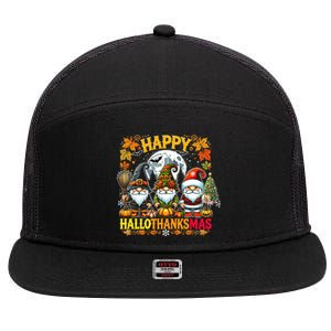 Happy Hallothanksmas Gnomes Lover Halloween Merry Christmas 7 Panel Mesh Trucker Snapback Hat