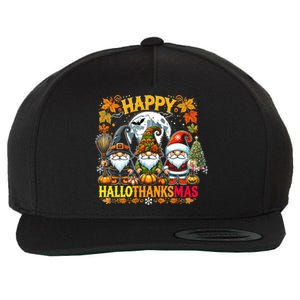 Happy Hallothanksmas Gnomes Lover Halloween Merry Christmas Wool Snapback Cap