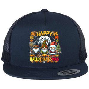 Happy Hallothanksmas Gnomes Lover Halloween Merry Christmas Flat Bill Trucker Hat