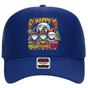 Happy Hallothanksmas Gnomes Lover Halloween Merry Christmas High Crown Mesh Back Trucker Hat