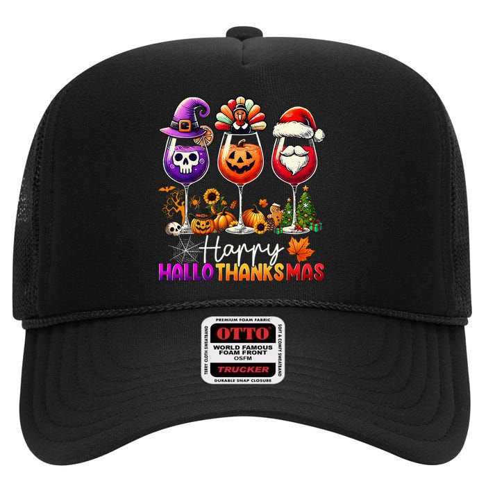 Happy Hallothanksmas Halloween Thanksgiving Christmas High Crown Mesh Back Trucker Hat