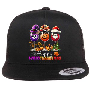 Happy Hallothanksmas Halloween Thanksgiving Christmas Flat Bill Trucker Hat