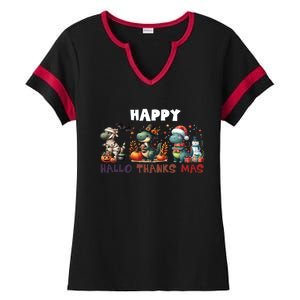 Happy Hallothanksmas Halloween Merry Christmas Dinosaurs Great Gift Ladies Halftime Notch Neck Tee