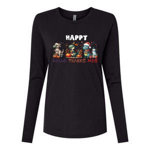 Happy Hallothanksmas Halloween Merry Christmas Dinosaurs Great Gift Womens Cotton Relaxed Long Sleeve T-Shirt