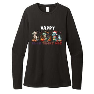 Happy Hallothanksmas Halloween Merry Christmas Dinosaurs Great Gift Womens CVC Long Sleeve Shirt