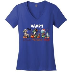 Happy Hallothanksmas Halloween Merry Christmas Dinosaurs Great Gift Women's V-Neck T-Shirt