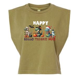 Happy Hallothanksmas Halloween Merry Christmas Dinosaurs Great Gift Garment-Dyed Women's Muscle Tee