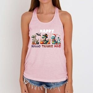 Happy Hallothanksmas Halloween Merry Christmas Dinosaurs Great Gift Women's Knotted Racerback Tank