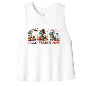 Happy Hallothanksmas Halloween Merry Christmas Dinosaurs Great Gift Women's Racerback Cropped Tank