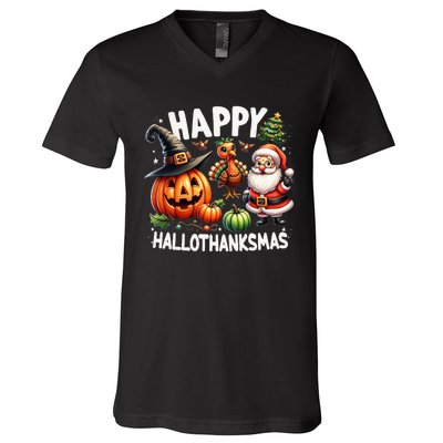 Happy Hallothanksmas Halloween Merry Christmas Thanksgiving V-Neck T-Shirt