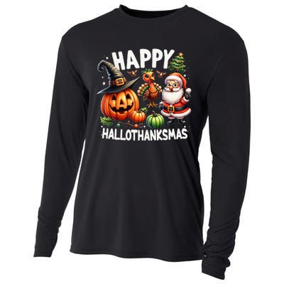 Happy Hallothanksmas Halloween Merry Christmas Thanksgiving Cooling Performance Long Sleeve Crew