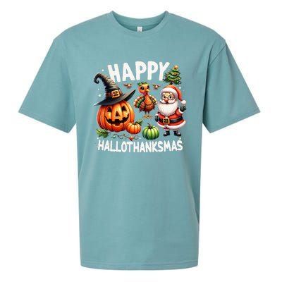 Happy Hallothanksmas Halloween Merry Christmas Thanksgiving Sueded Cloud Jersey T-Shirt