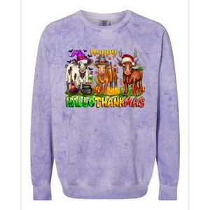 Happy Hallothanksmas Halloween Thanksgiving Christmas Cow Gift Colorblast Crewneck Sweatshirt