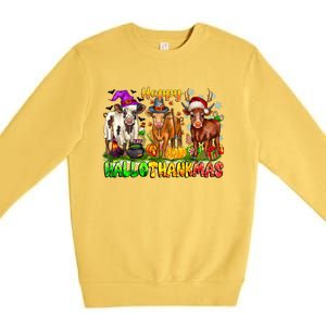 Happy Hallothanksmas Halloween Thanksgiving Christmas Cow Gift Premium Crewneck Sweatshirt