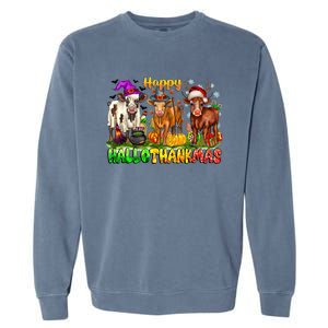 Happy Hallothanksmas Halloween Thanksgiving Christmas Cow Gift Garment-Dyed Sweatshirt