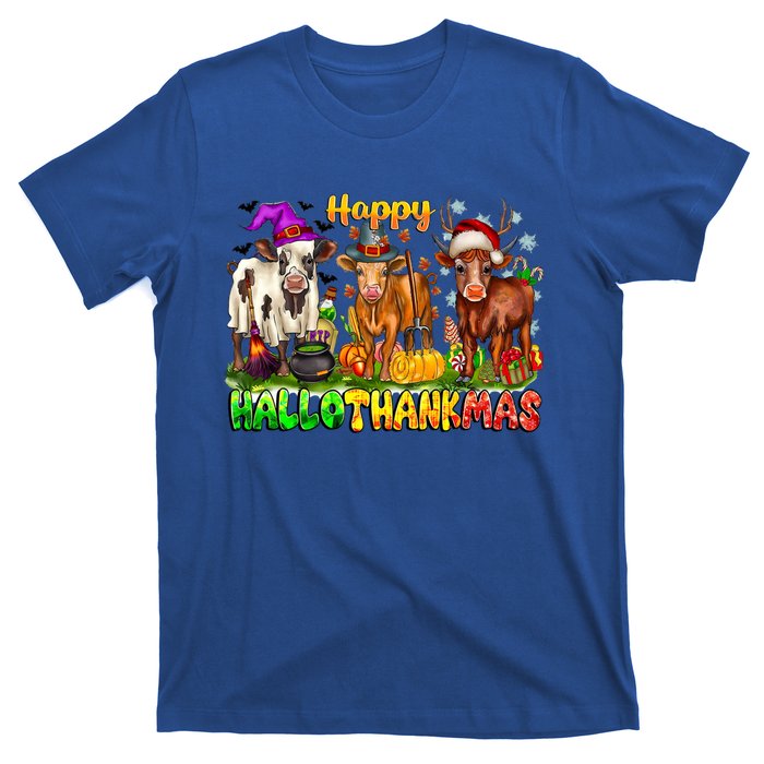 Happy Hallothanksmas Halloween Thanksgiving Christmas Cow Gift T-Shirt