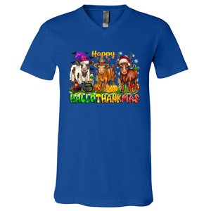 Happy Hallothanksmas Halloween Thanksgiving Christmas Cow Gift V-Neck T-Shirt