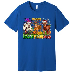 Happy Hallothanksmas Halloween Thanksgiving Christmas Cow Gift Premium T-Shirt