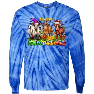 Happy Hallothanksmas Halloween Thanksgiving Christmas Cow Gift Tie-Dye Long Sleeve Shirt