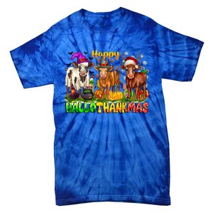 Happy Hallothanksmas Halloween Thanksgiving Christmas Cow Gift Tie-Dye T-Shirt