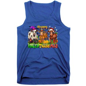 Happy Hallothanksmas Halloween Thanksgiving Christmas Cow Gift Tank Top