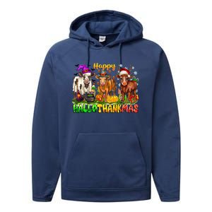 Happy Hallothanksmas Halloween Thanksgiving Christmas Cow Gift Performance Fleece Hoodie