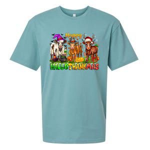 Happy Hallothanksmas Halloween Thanksgiving Christmas Cow Gift Sueded Cloud Jersey T-Shirt