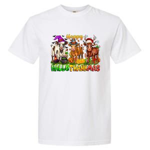 Happy Hallothanksmas Halloween Thanksgiving Christmas Cow Gift Garment-Dyed Heavyweight T-Shirt