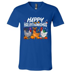 Happy Hallothanksmas Halloween Thanksgiving Xmas Chicken Cute Gift V-Neck T-Shirt