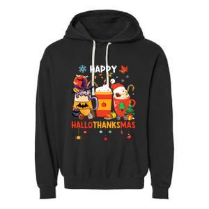 Happy Hallothanksmas Halloween Coffee Latte Thanksgiving Garment-Dyed Fleece Hoodie