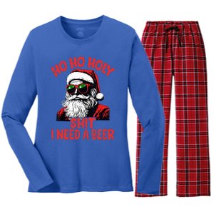 Ho Ho Holy Shit I Need A Beer Santa Christmas Women's Long Sleeve Flannel Pajama Set 