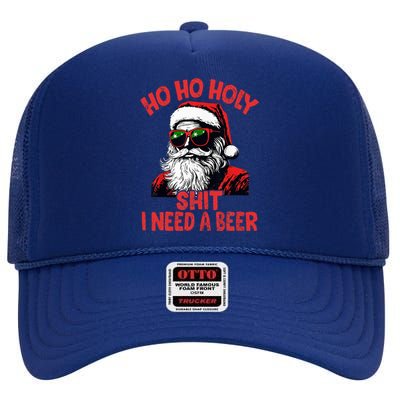 Ho Ho Holy Shit I Need A Beer Santa Christmas High Crown Mesh Back Trucker Hat