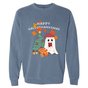 Happy Hallothanksmas Halloween Merry Christmas Cute Gift Garment-Dyed Sweatshirt