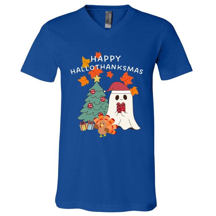 Happy Hallothanksmas Halloween Merry Christmas Cute Gift V-Neck T-Shirt