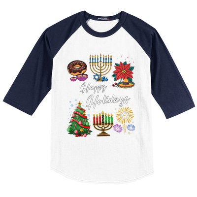 Happy Holidays Hanukkah Feliz Navidad Christmas Kwanzaa Baseball Sleeve Shirt