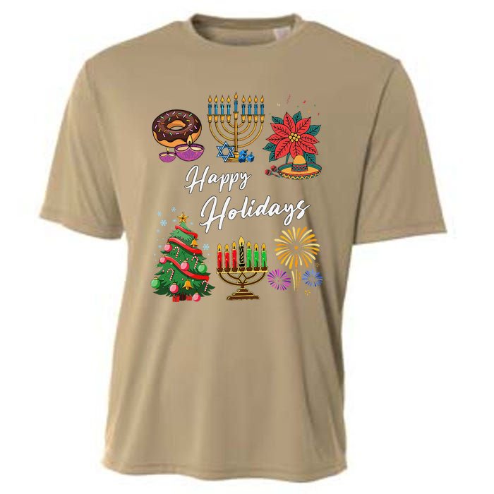 Happy Holidays Hanukkah Feliz Navidad Christmas Kwanzaa Cooling Performance Crew T-Shirt