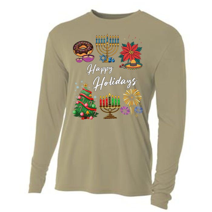 Happy Holidays Hanukkah Feliz Navidad Christmas Kwanzaa Cooling Performance Long Sleeve Crew