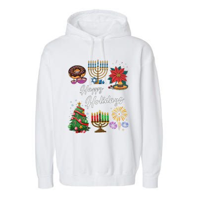 Happy Holidays Hanukkah Feliz Navidad Christmas Kwanzaa Garment-Dyed Fleece Hoodie