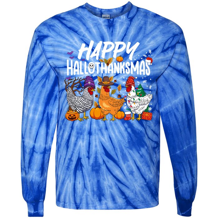 Happy Hallothanksmas Halloween Thanksgiving Xmas Chicken Gift Tie-Dye Long Sleeve Shirt