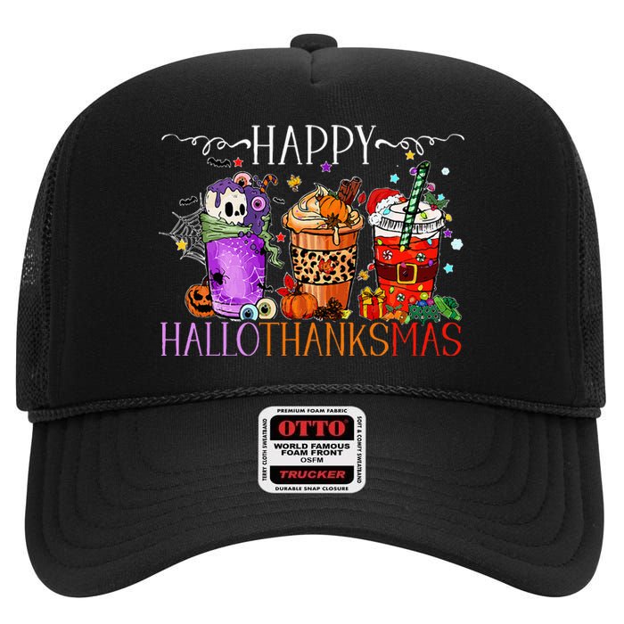 Happy Hallothanksmas Halloween Thanksgiving Christmas High Crown Mesh Back Trucker Hat