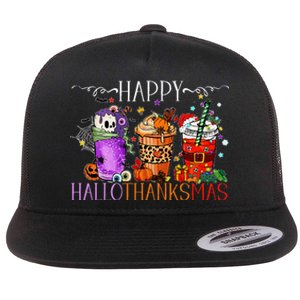 Happy Hallothanksmas Halloween Thanksgiving Christmas Flat Bill Trucker Hat