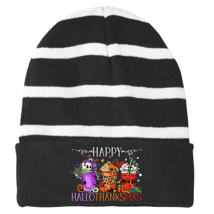 Happy Hallothanksmas Halloween Thanksgiving Christmas Striped Beanie with Solid Band