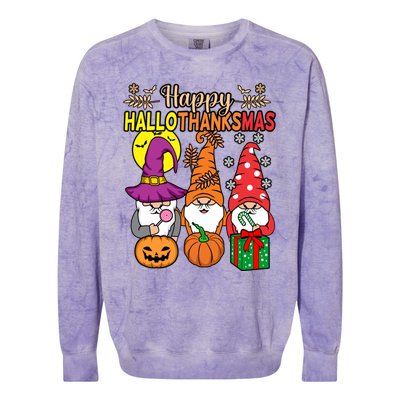 Happy Hallothanksmas Halloween Thanksgiving Gnomes Christmas Gift Colorblast Crewneck Sweatshirt