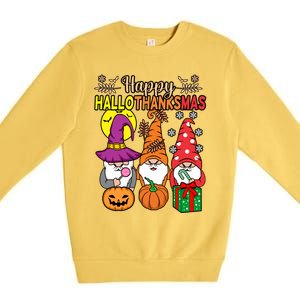 Happy Hallothanksmas Halloween Thanksgiving Gnomes Christmas Gift Premium Crewneck Sweatshirt