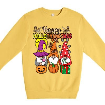 Happy Hallothanksmas Halloween Thanksgiving Gnomes Christmas Gift Premium Crewneck Sweatshirt